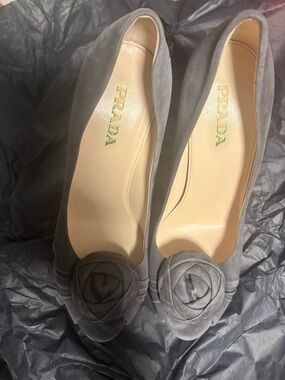 Prada Gray Suede Rosette Ballet Flats